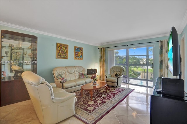 living room with ornamental molding and light tile patterned floors