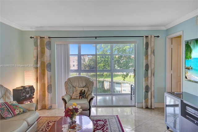 tiled living room featuring ornamental molding