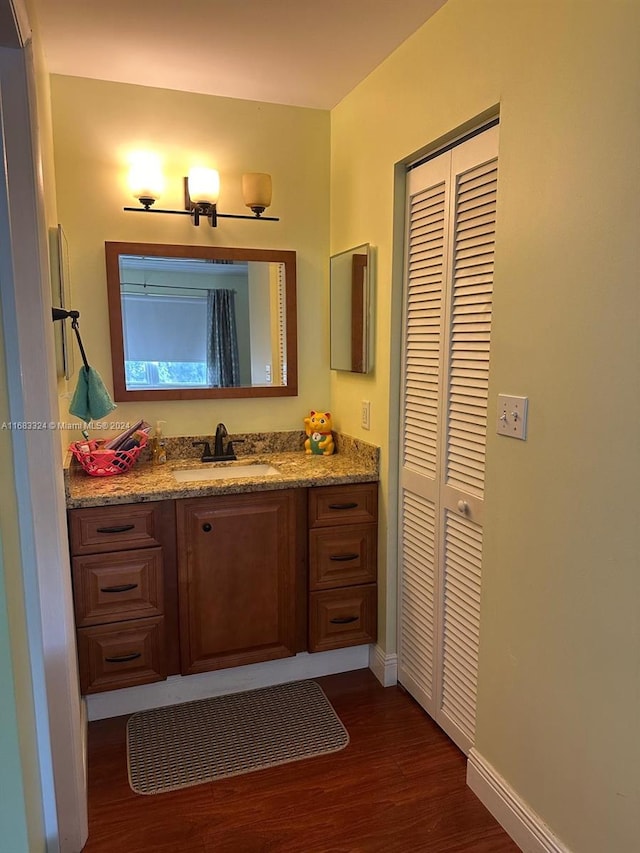 bathroom with vanity and wood-type flooring