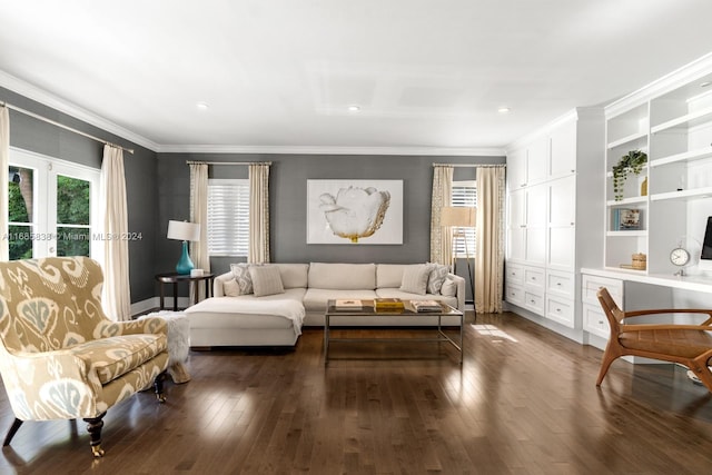 living room featuring french doors, crown molding, and dark hardwood / wood-style flooring