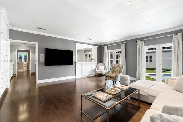 living room featuring ornamental molding, french doors, and dark hardwood / wood-style floors