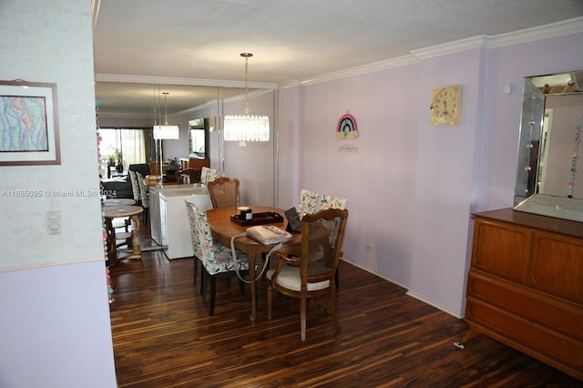 dining space featuring crown molding, a textured ceiling, and dark wood-type flooring