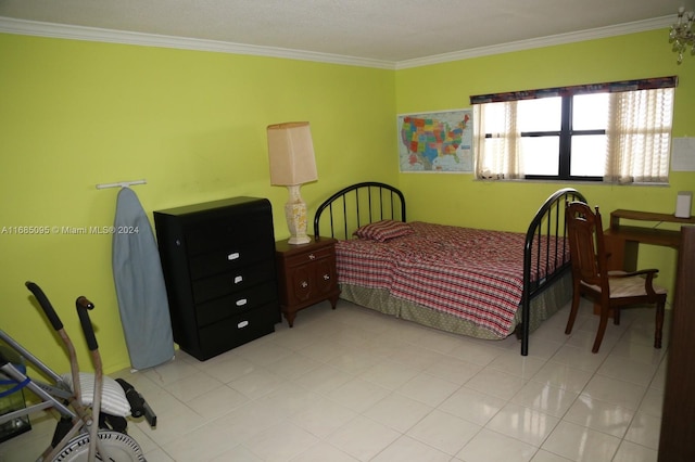 bedroom featuring crown molding and light tile patterned floors