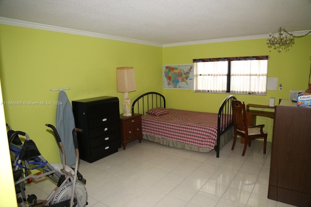 bedroom featuring ornamental molding, light tile patterned flooring, and a textured ceiling