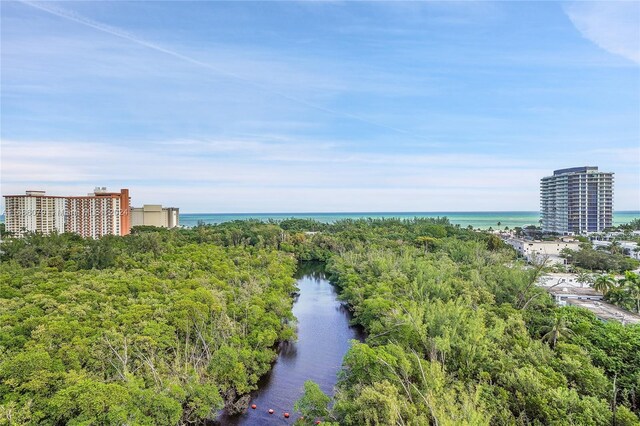 aerial view featuring a water view