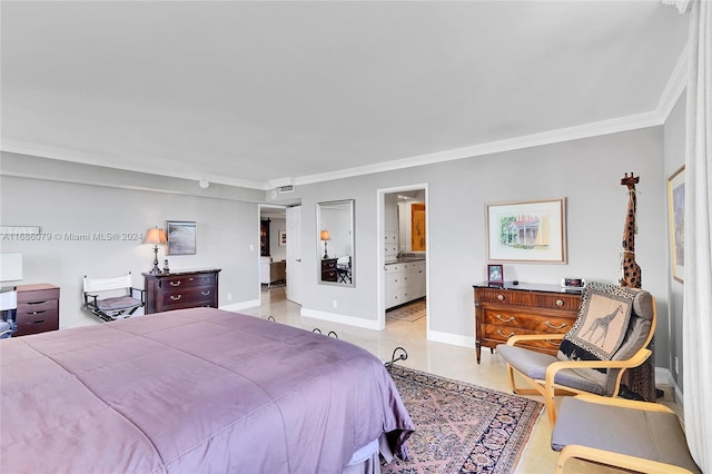 bedroom with connected bathroom, crown molding, and light tile patterned floors