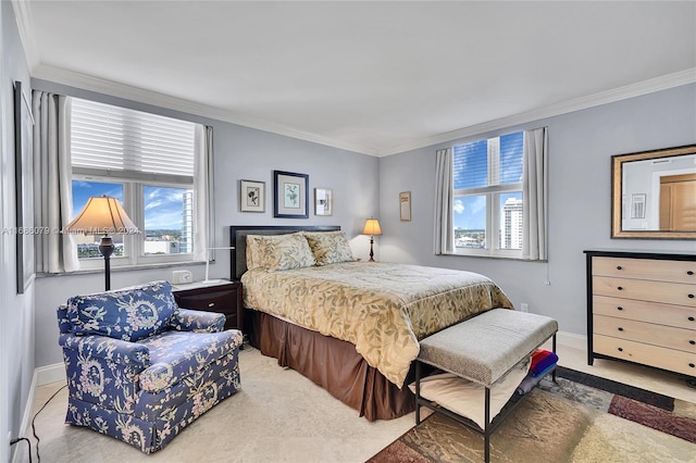 carpeted bedroom featuring crown molding