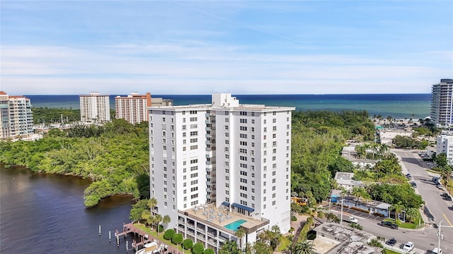 bird's eye view with a water view