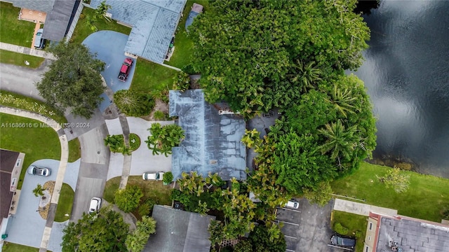 drone / aerial view with a water view