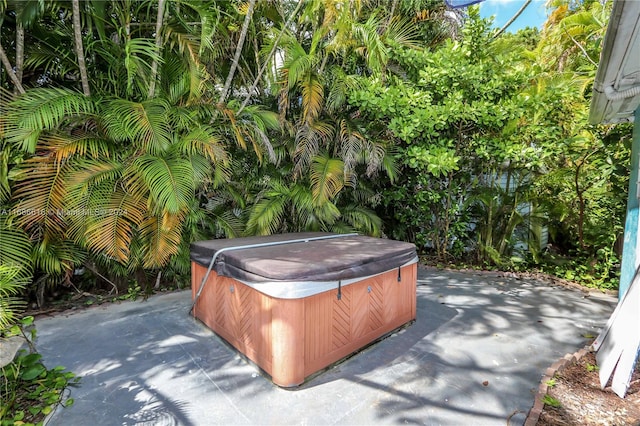 view of patio / terrace with a hot tub