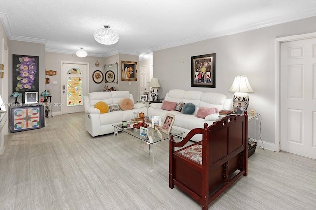 living room featuring ornamental molding, a textured ceiling, and light wood-type flooring