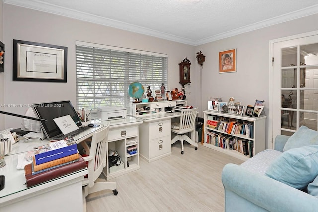 office featuring light hardwood / wood-style flooring, a textured ceiling, and crown molding