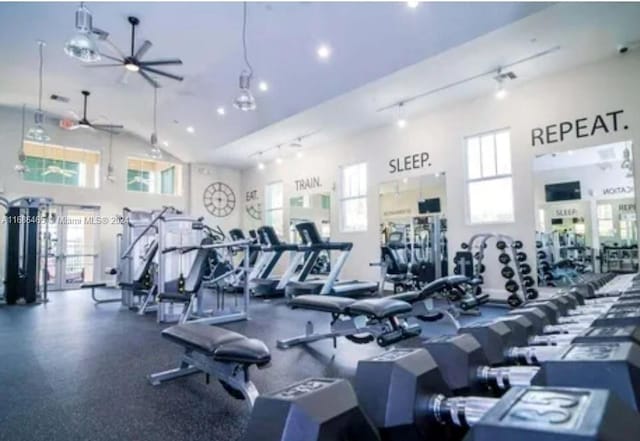 exercise room with high vaulted ceiling, track lighting, and ceiling fan