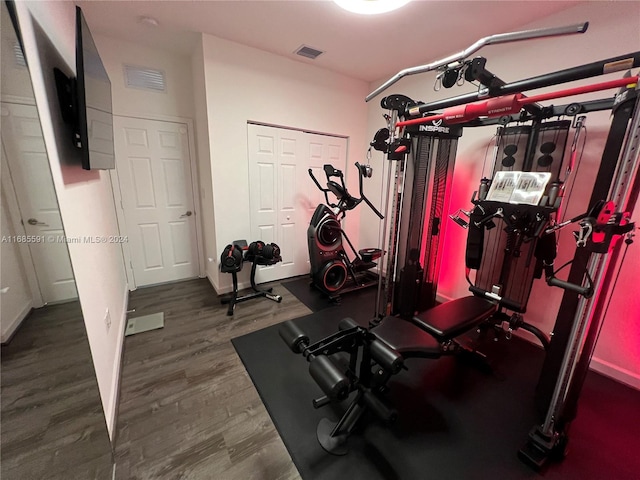 workout room featuring dark hardwood / wood-style flooring