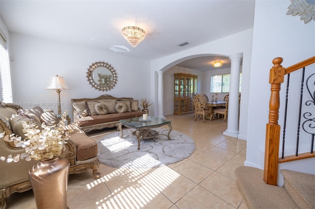 tiled living room with decorative columns