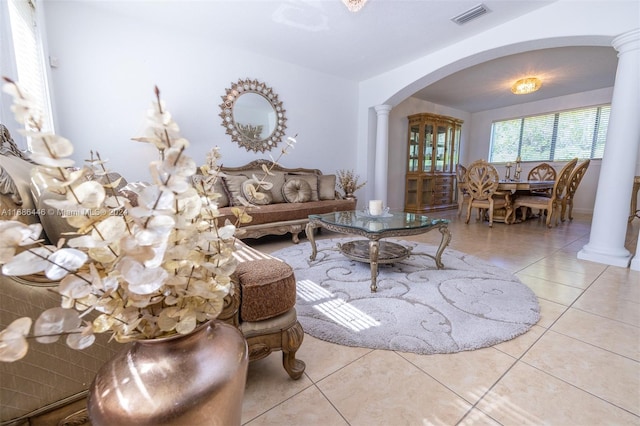 tiled living room with decorative columns