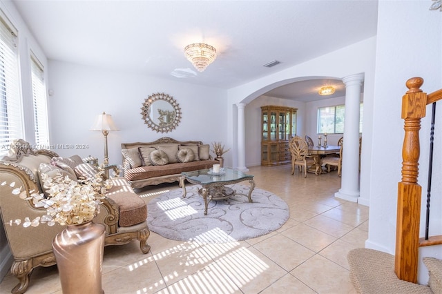 tiled living room with decorative columns