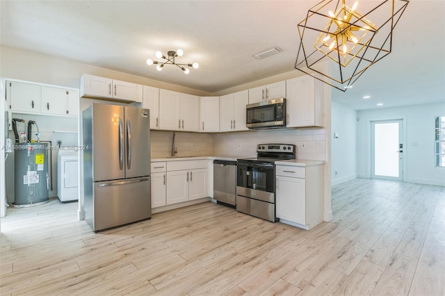 kitchen featuring appliances with stainless steel finishes, white cabinetry, washer / dryer, and water heater