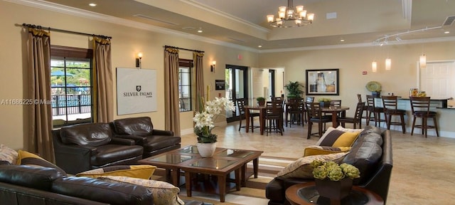 tiled living room with a chandelier and ornamental molding