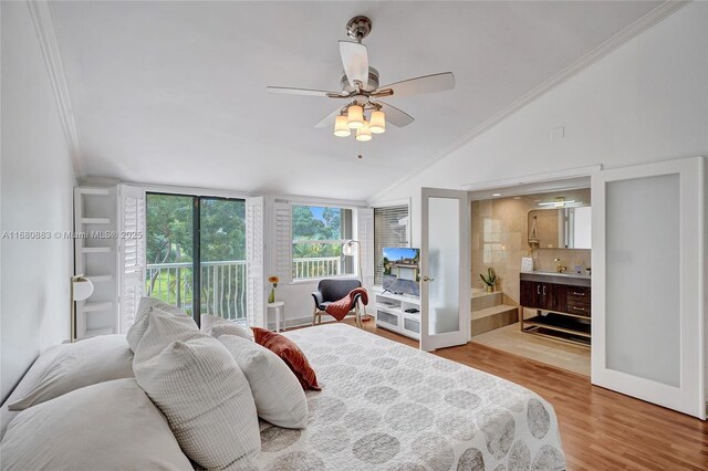 bedroom with ceiling fan, crown molding, wood-type flooring, vaulted ceiling, and access to outside