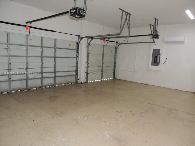 garage featuring electric panel, a garage door opener, and a wall unit AC