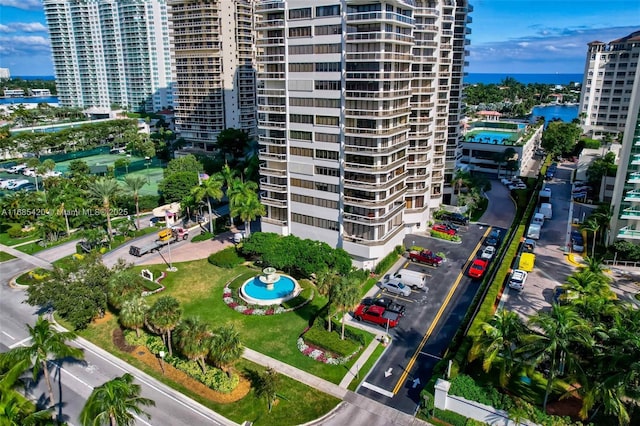 bird's eye view with a water view