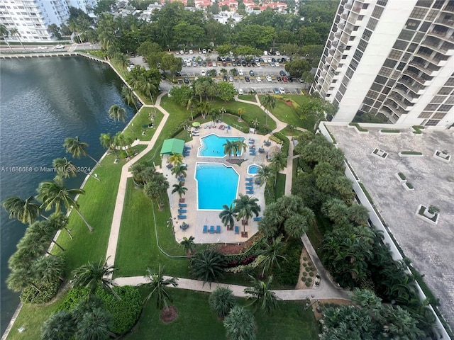 aerial view featuring a water view