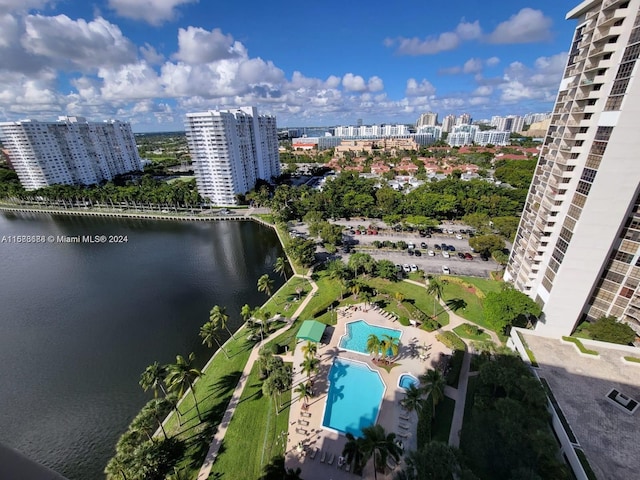 drone / aerial view with a water view