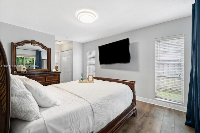 bedroom with dark wood-type flooring and a closet