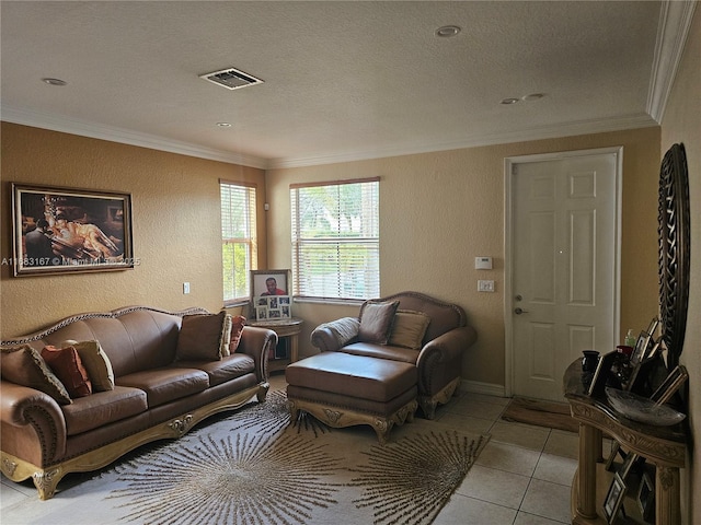 tiled living room featuring crown molding