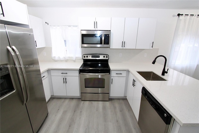 kitchen with sink, white cabinetry, light hardwood / wood-style flooring, and appliances with stainless steel finishes