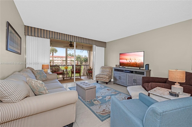 tiled living room with a textured ceiling