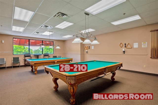 rec room featuring a paneled ceiling, carpet, and billiards