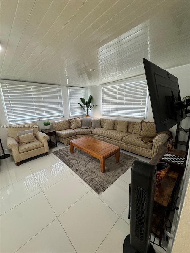 tiled living room with wooden ceiling