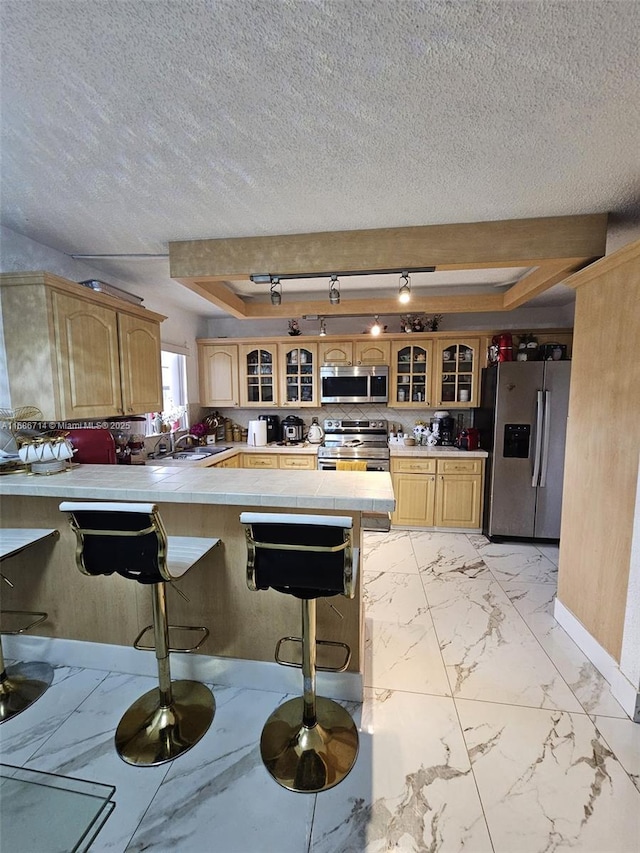 kitchen featuring a breakfast bar, sink, a tray ceiling, kitchen peninsula, and stainless steel appliances