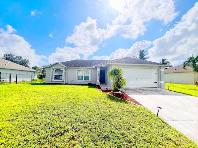 ranch-style home with a front lawn and a garage