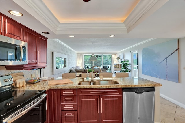 kitchen with crown molding, stainless steel appliances, sink, and light tile patterned floors