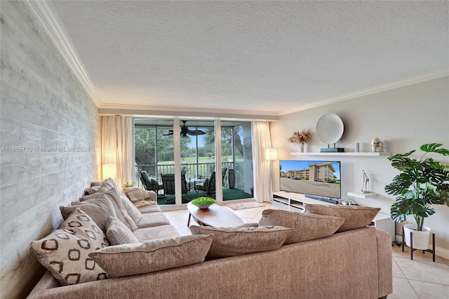 living room featuring crown molding, a textured ceiling, and light tile patterned floors