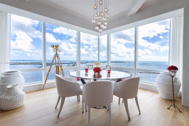 sunroom / solarium featuring a water view, a healthy amount of sunlight, and a chandelier