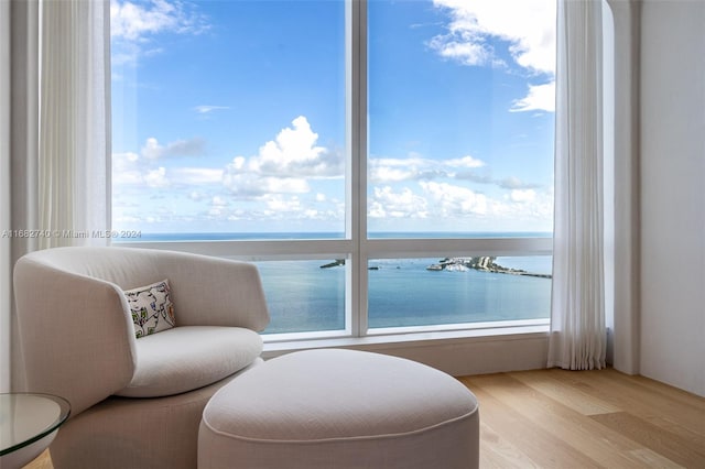 sitting room featuring a water view and light wood-type flooring