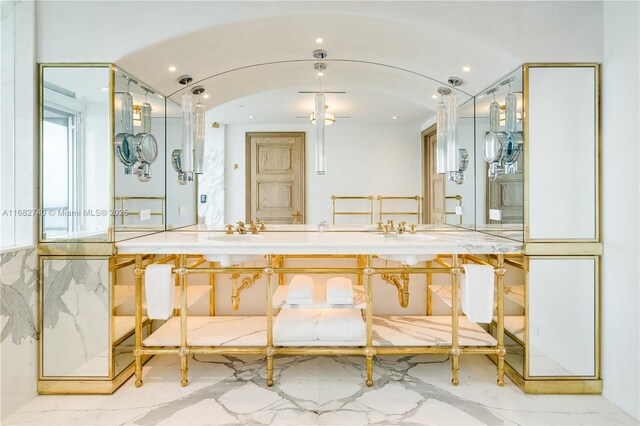1425 Brickell Ave Unit 55F, Miami, FL 33131 - full bath featuring double vanity, lofted ceiling, and recessed lighting