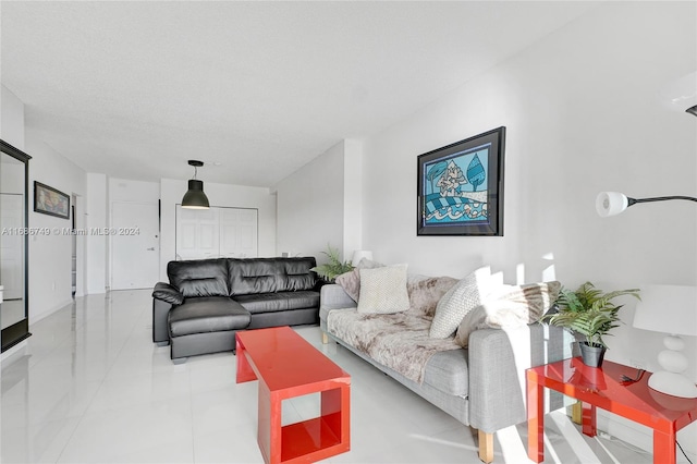 living room featuring a textured ceiling