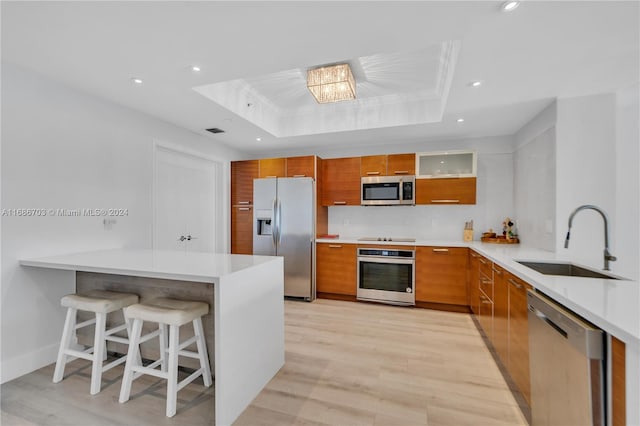 kitchen with a breakfast bar, appliances with stainless steel finishes, a tray ceiling, and kitchen peninsula