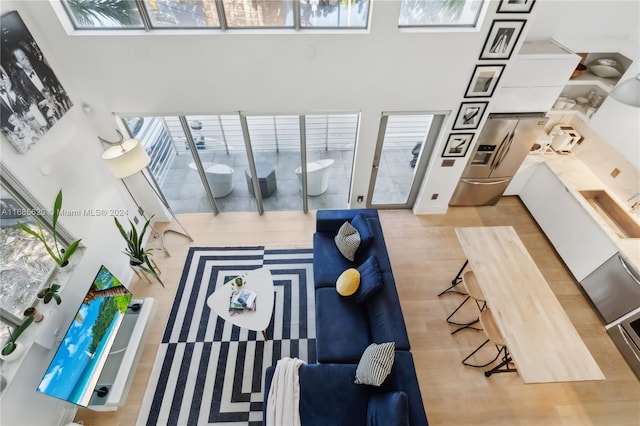 living room featuring a high ceiling and light wood-type flooring