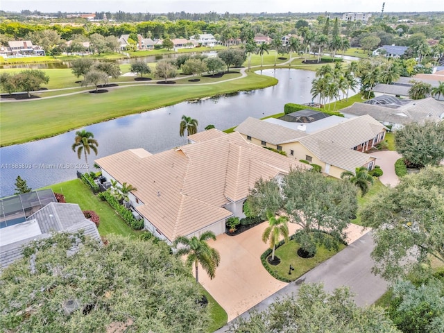 drone / aerial view with a water view