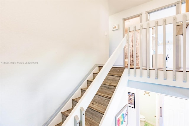 stairs with hardwood / wood-style floors