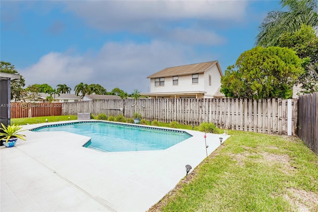 view of pool with a patio and a yard