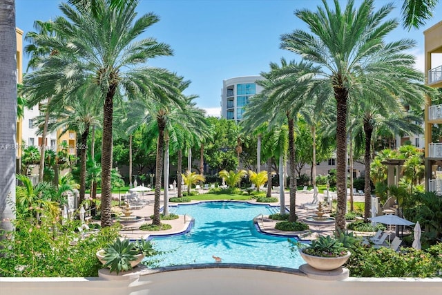 view of swimming pool featuring a patio area