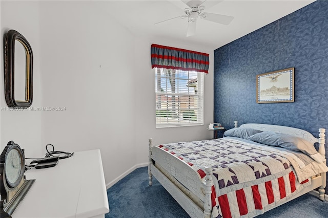 carpeted bedroom featuring ceiling fan