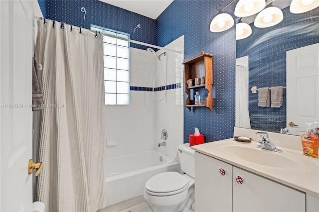 full bathroom featuring vanity, toilet, and shower / bath combo with shower curtain